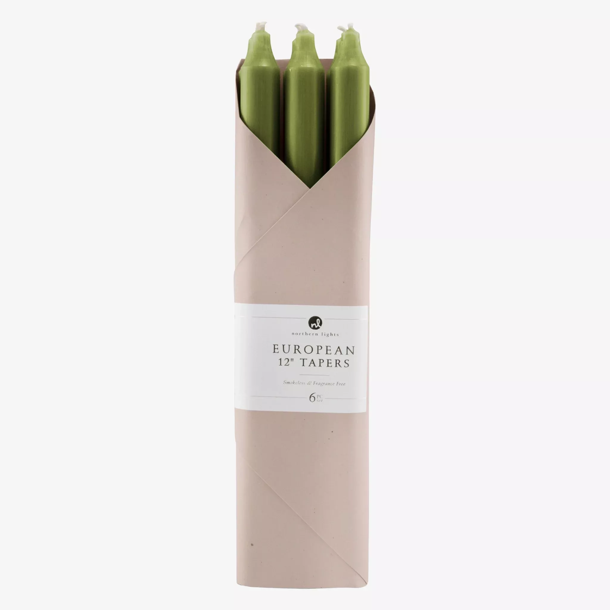 12" Taper Candles in Moss Green - Set of 6