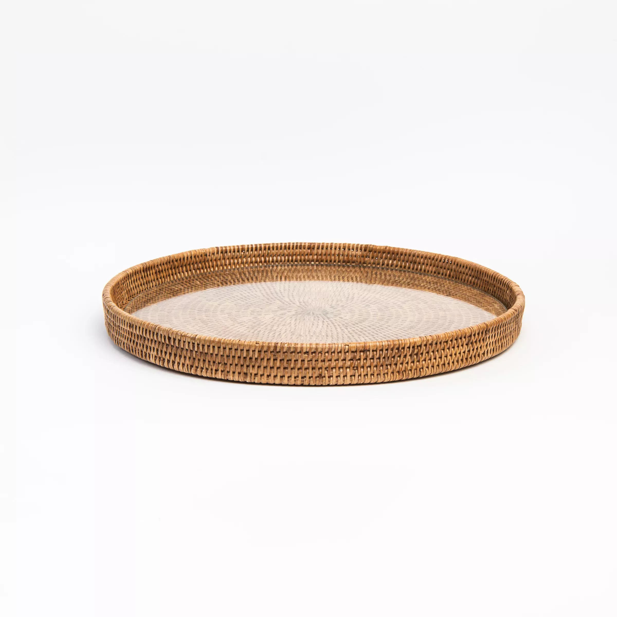 19" Round Rattan Tray with Glass Insert