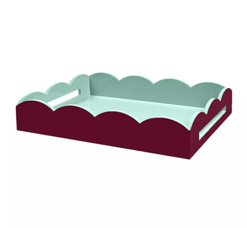 Addison Ross Small Scalloped Lacquered Tray – Cherry & Eau de Nil – 11” x 8”