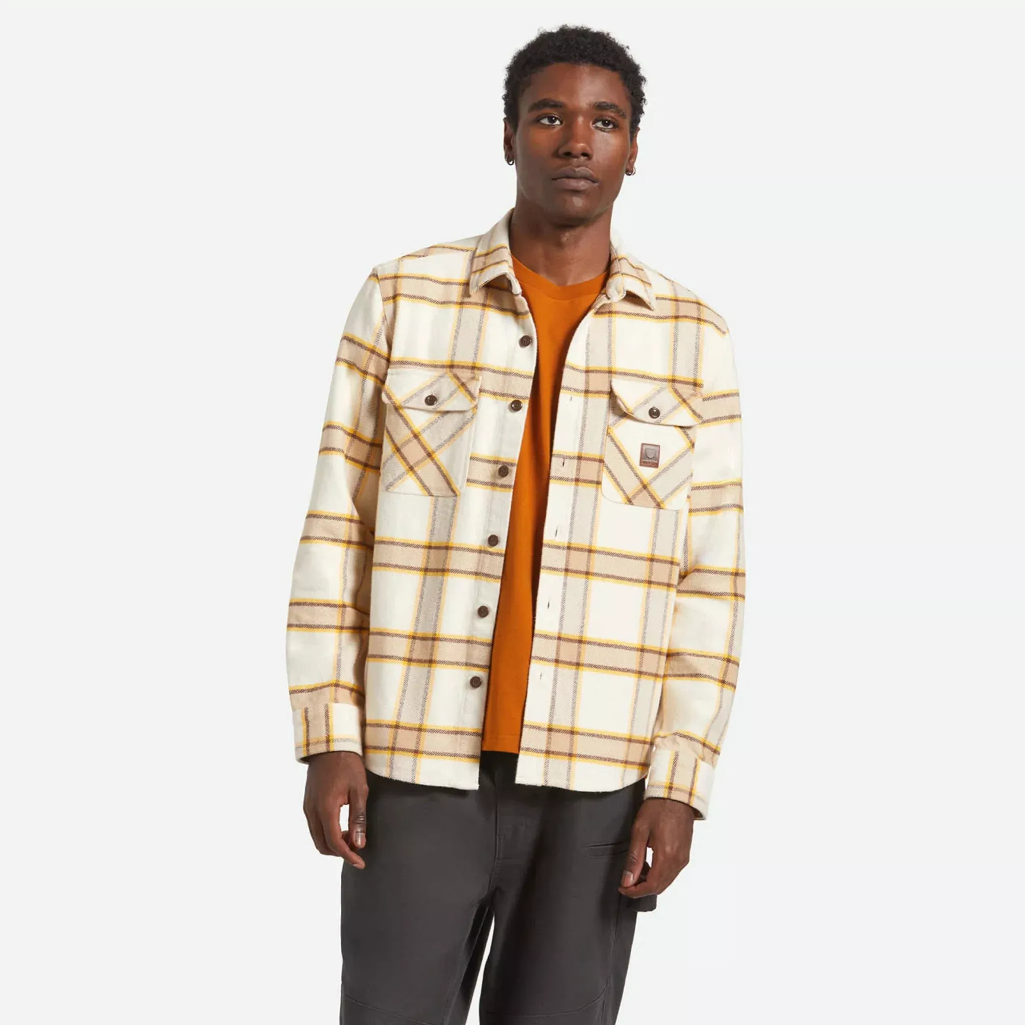Brixton Men's Bowery Heavyweight Flannel in White Cap & Pinecone Brown