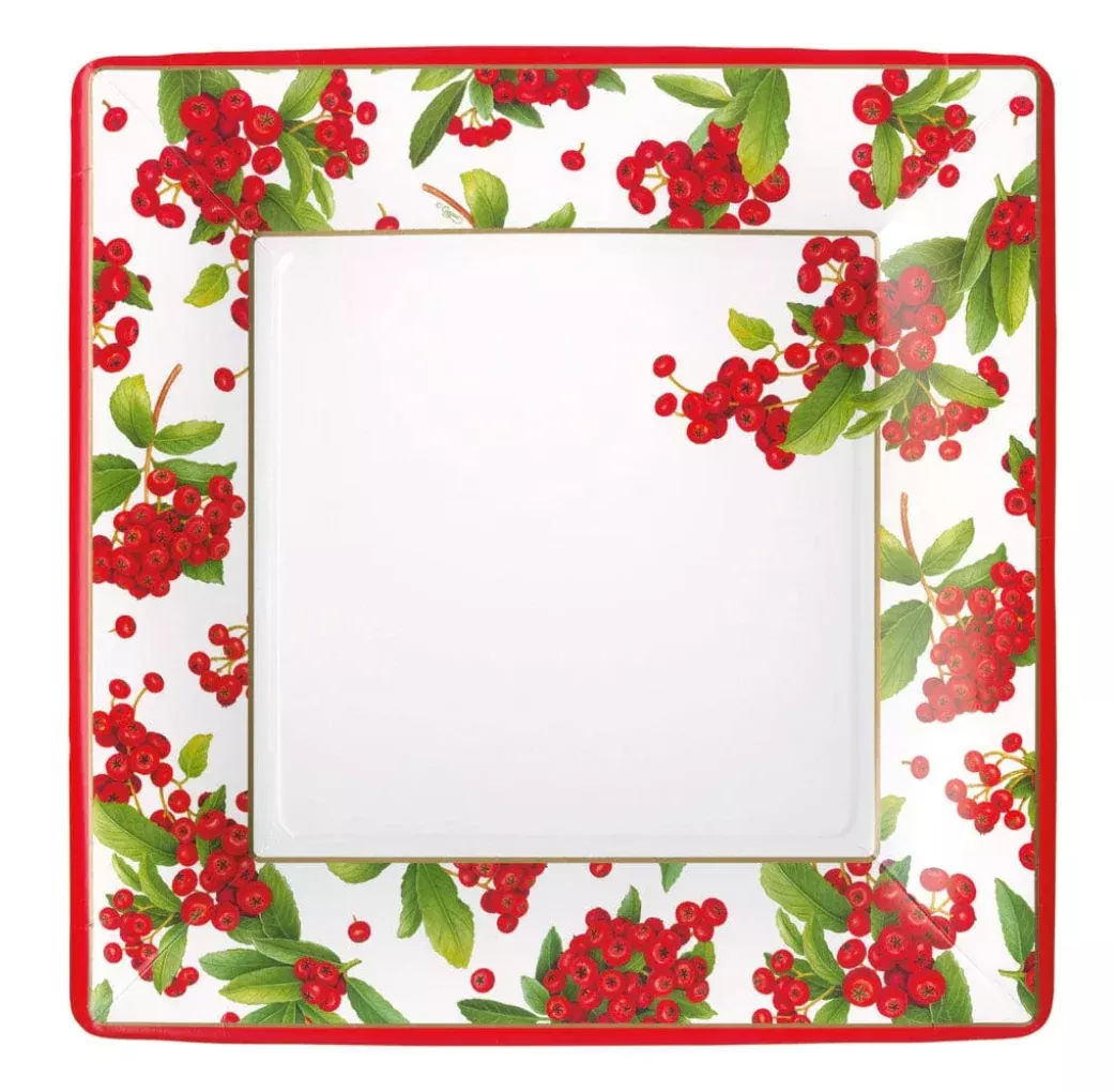 Caspari Christmas Red Berry Square Paper Dinner Plates – 8pk