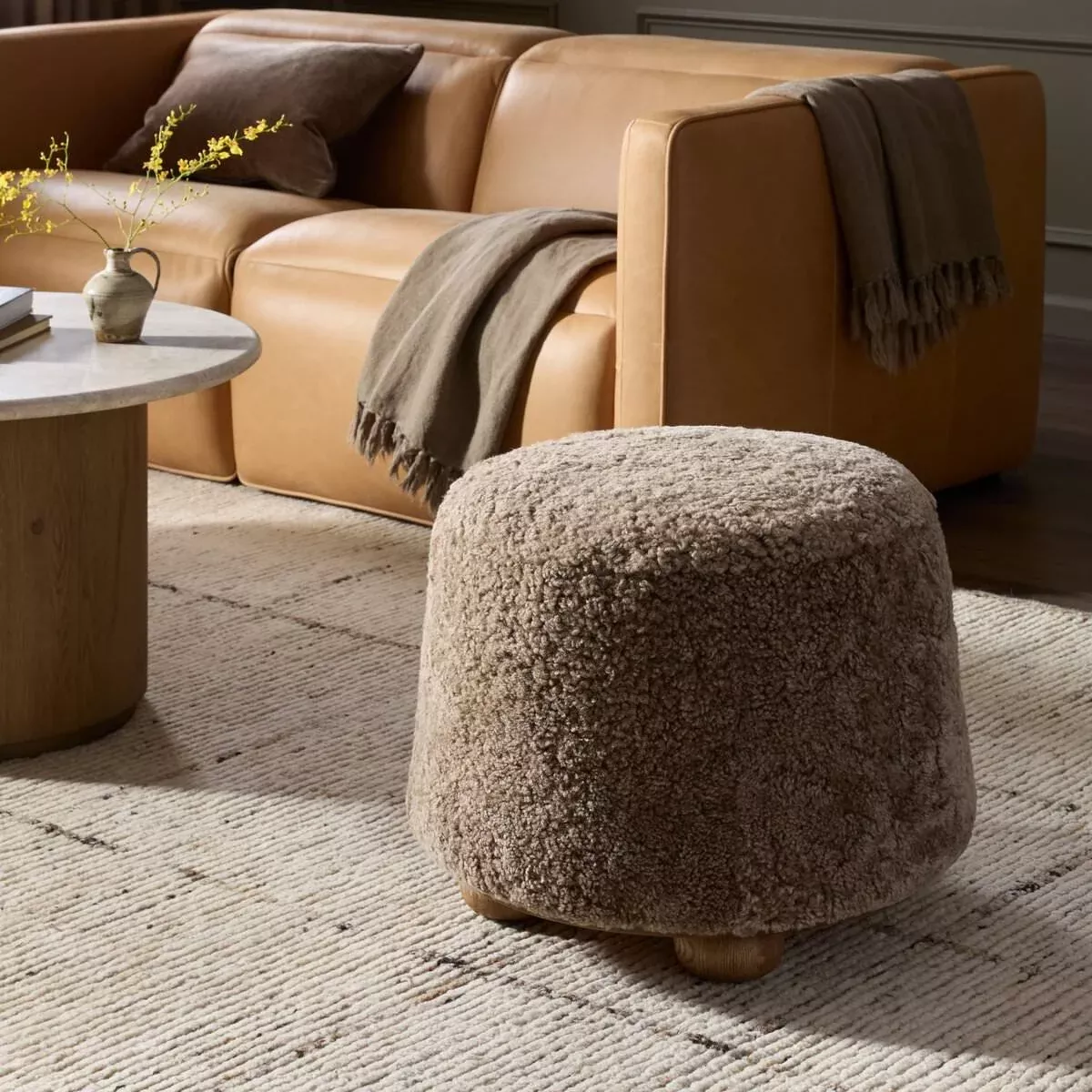 Four Hands Bilbury Ottoman in Taupe Shearling