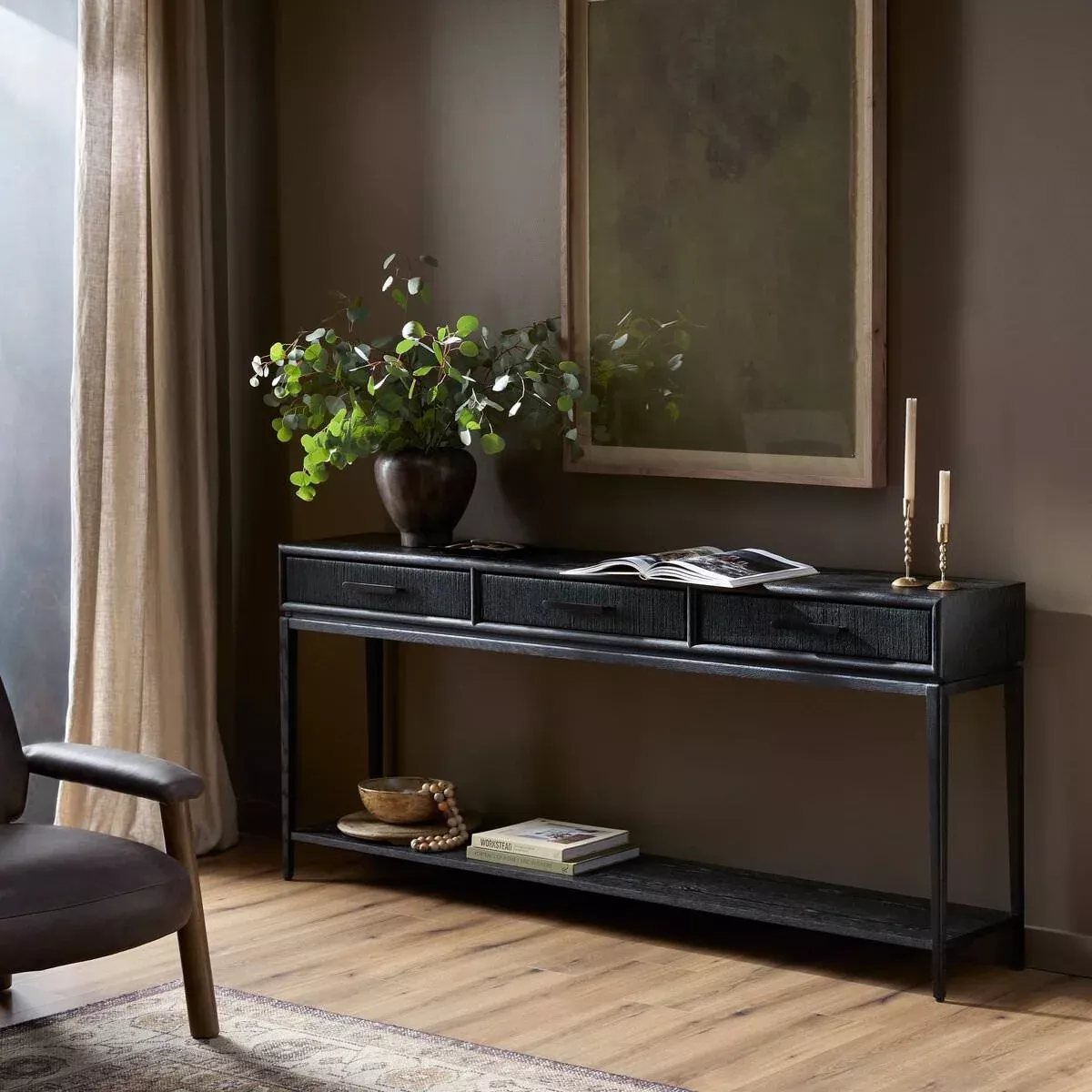 Four Hands Rosenell Console Table, 78" in Black Oak Solid