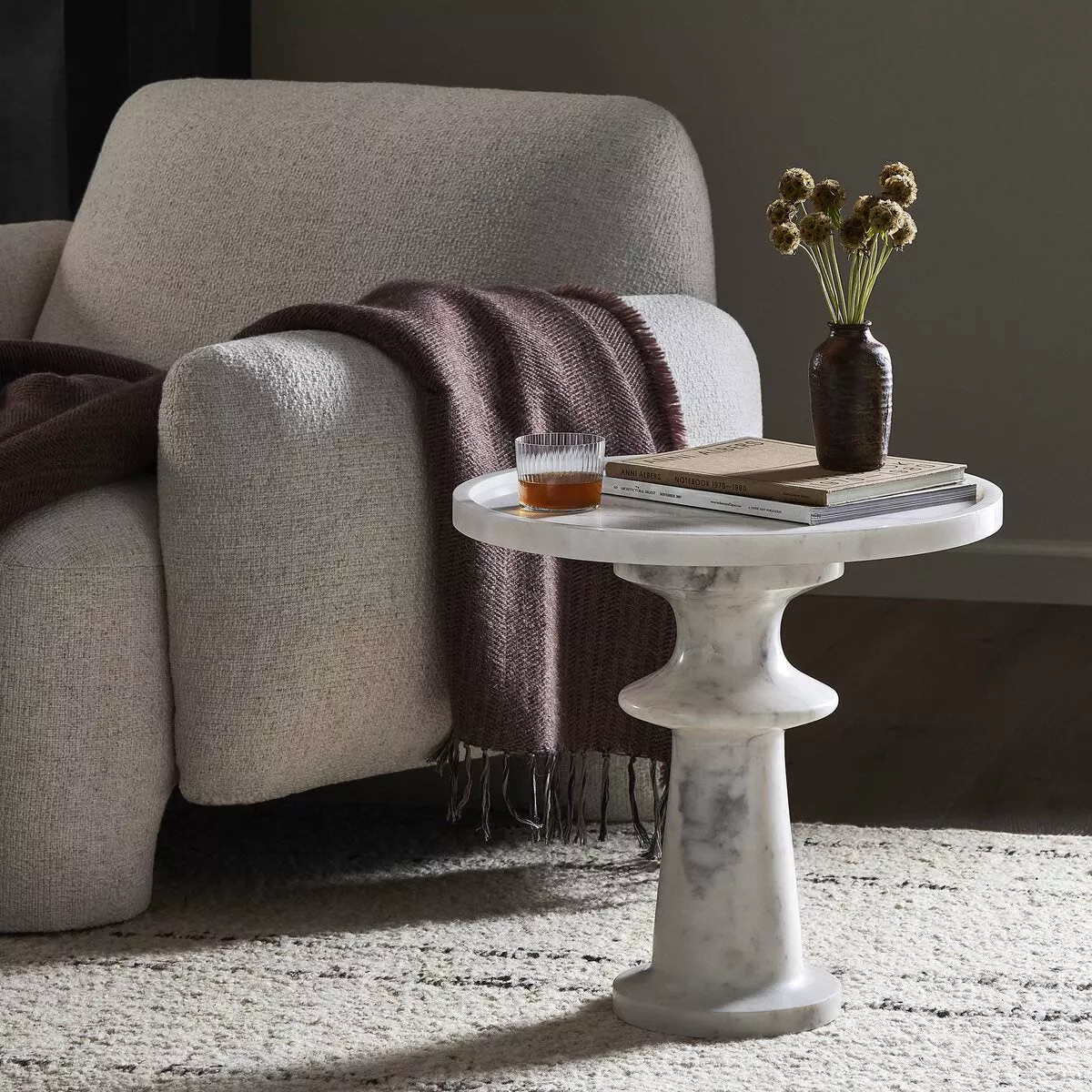 Four Hands Skylar End Table in Polished White Marble