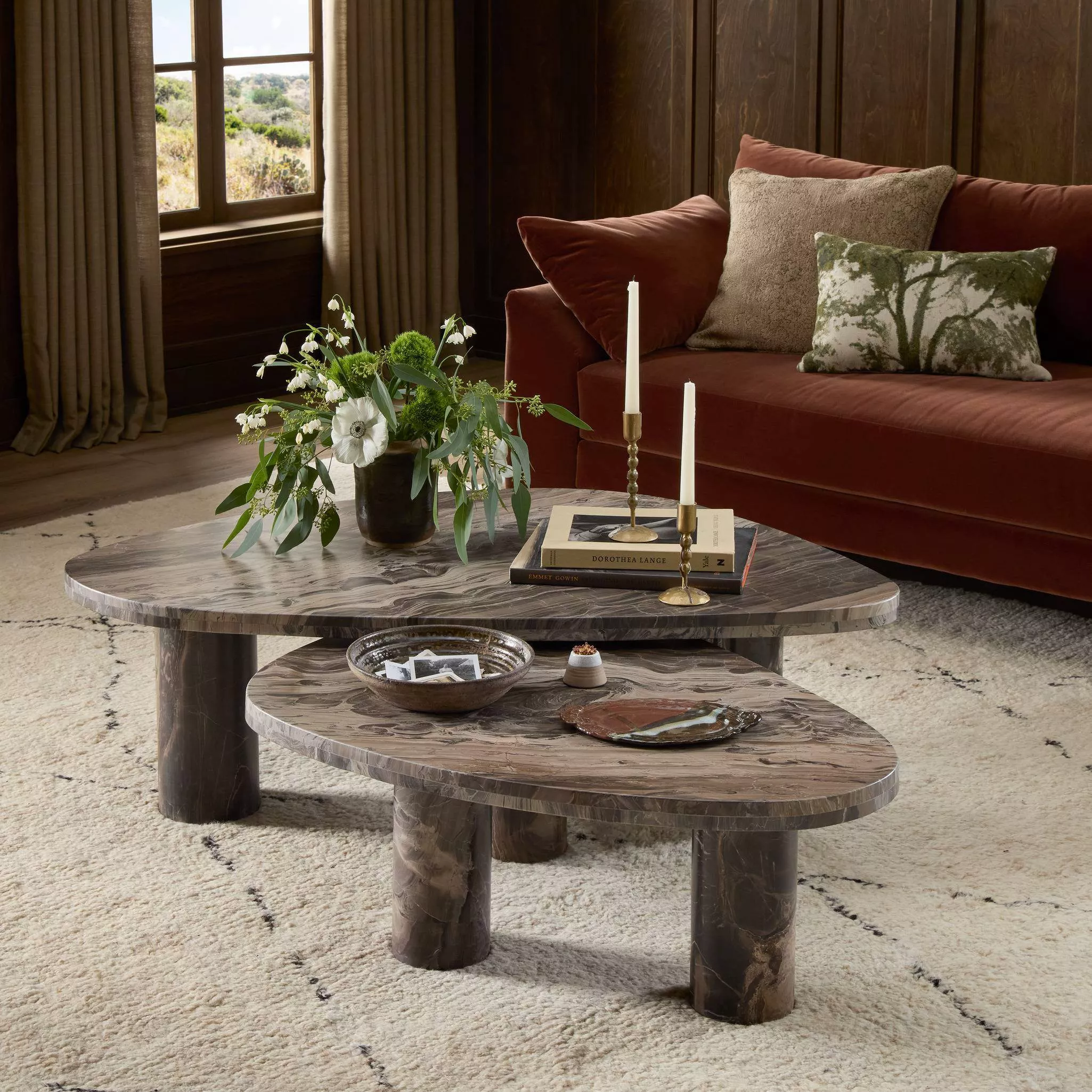 Four Hands Zion Nesting Coffee Tables in Rocky Brown Marble