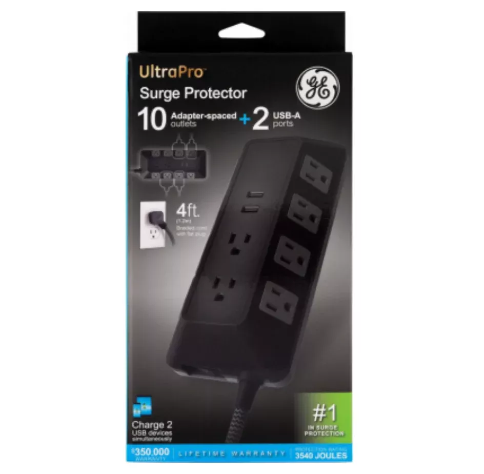 GE Surge Protector Power Strip – 10 Outlets – 2 USB – 4 Ft. Cord