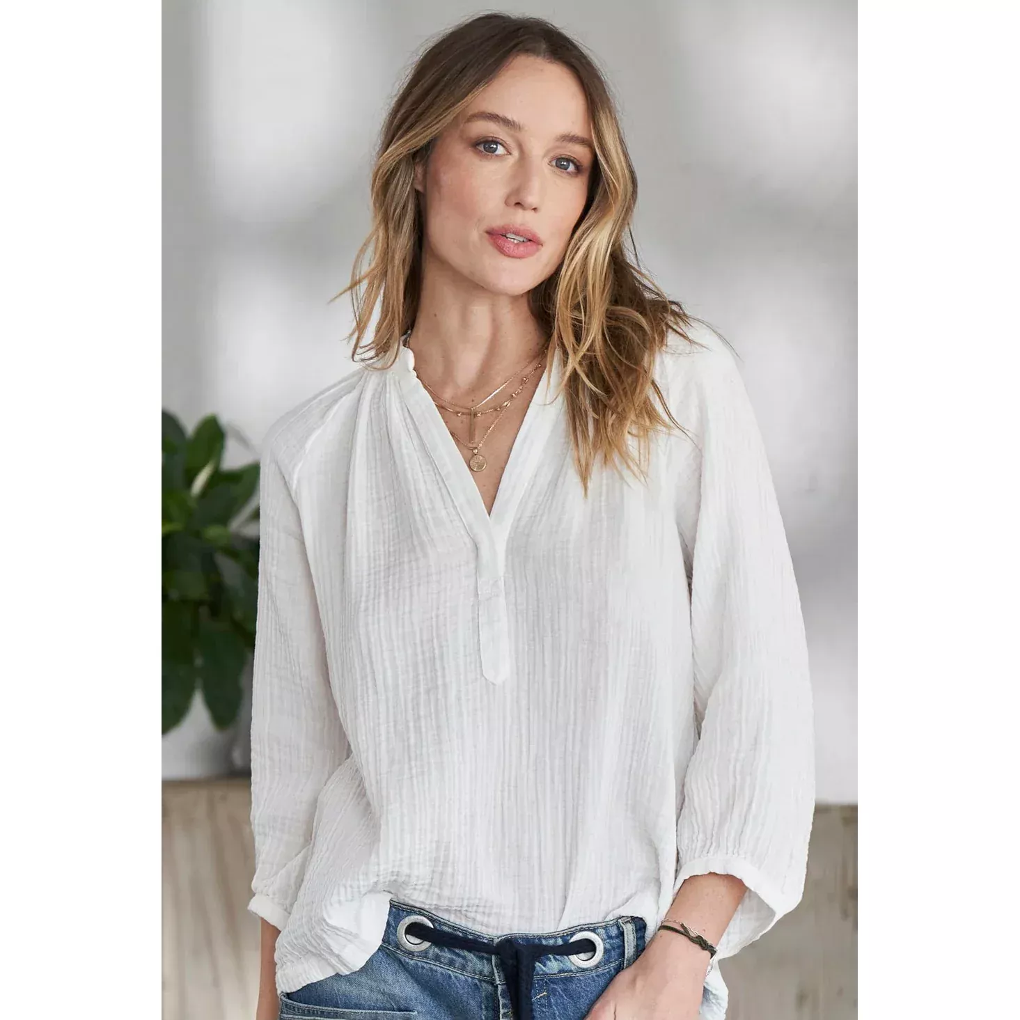 Ocean + Main Gauze V Neck Blouse in White
