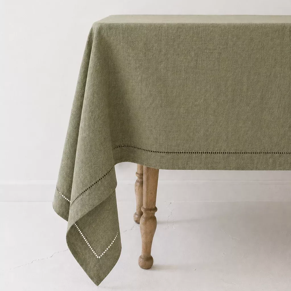 Olive Green Linen Hemstitch Tablecloth, 60 x 90