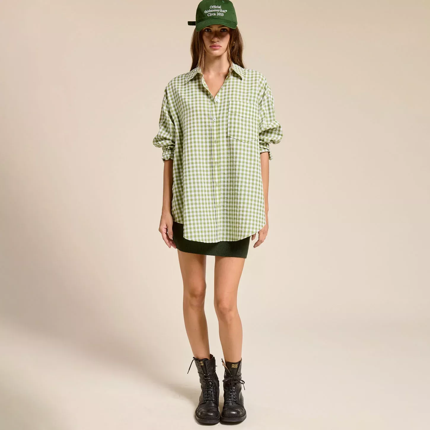 Oversized Gingham Buttom Down in Leaf