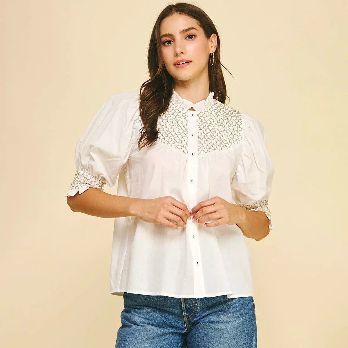 Pinch Embroidered Button Down Blouse in Off White
