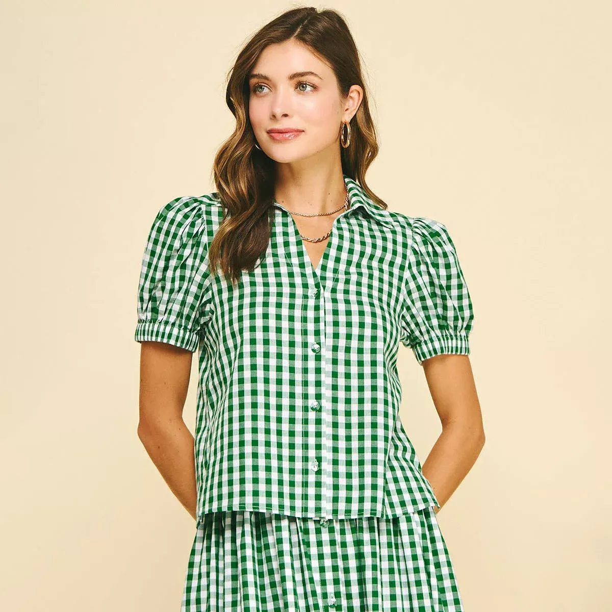 Pinch Gingham Button Down Blouse