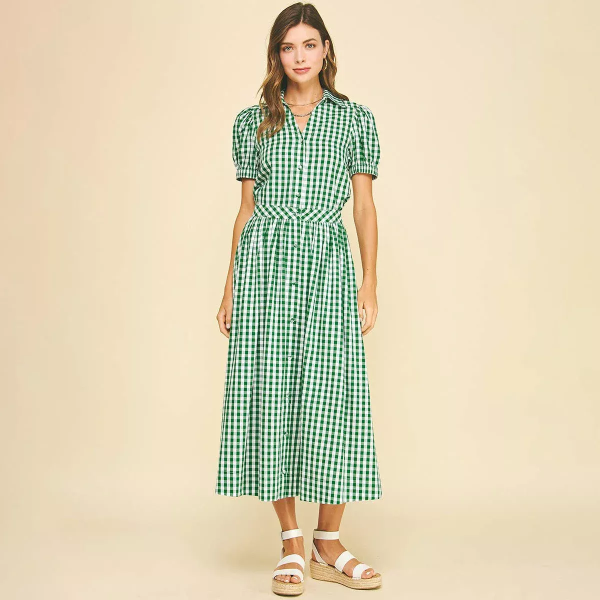 Pinch Gingham Button Down Midi Skirt in Green