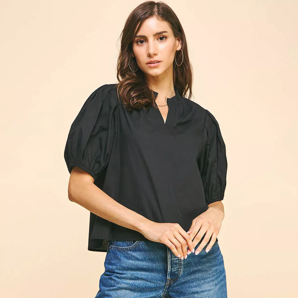 Pinch V-Neck Woven Blouse in Black