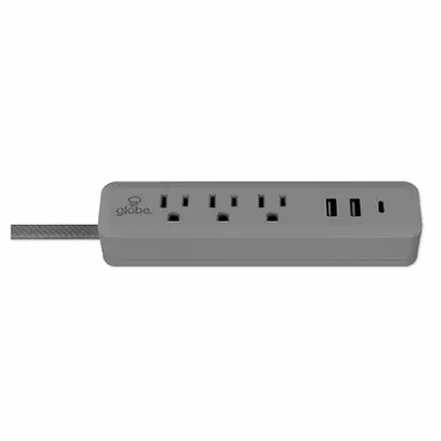Power Strip Cord –3-Outlet | USB-A & USB-C – 6ft. – Grey