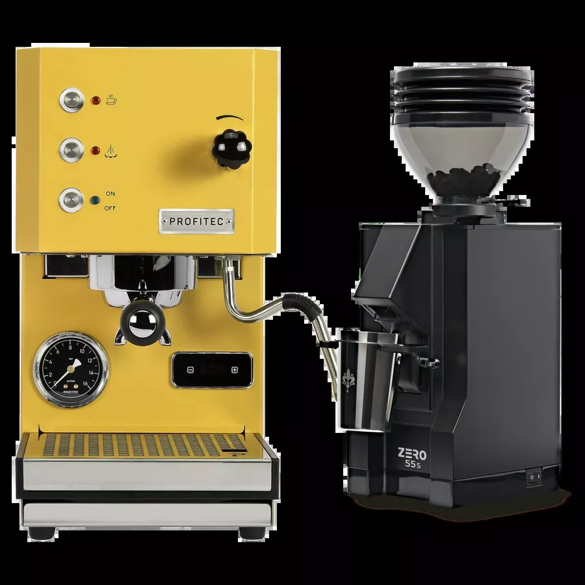 Profitec Go (Yellow) Espresso Machine & Eureka Mignon Zero 55s Single Dose Coffee Grinder (White) Bundle