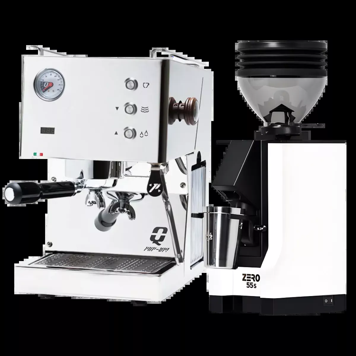 Quick Mill Pop-up (Stainless Steel) Espresso Machine & Eureka Mignon Zero 55s Single Dose Coffee Grinder (White) Bundle