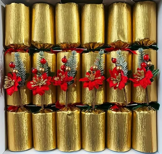 Robin Reed Poinsettia Sparkle Handmade Christmas Crackers – 6 Pack