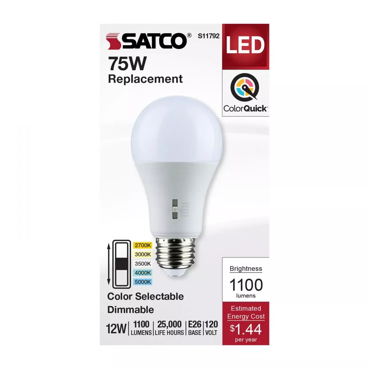 Satco LED A19 Color Selectable Light Bulb – 12W – 75W Equivalent – E26 Base – Dimmable
