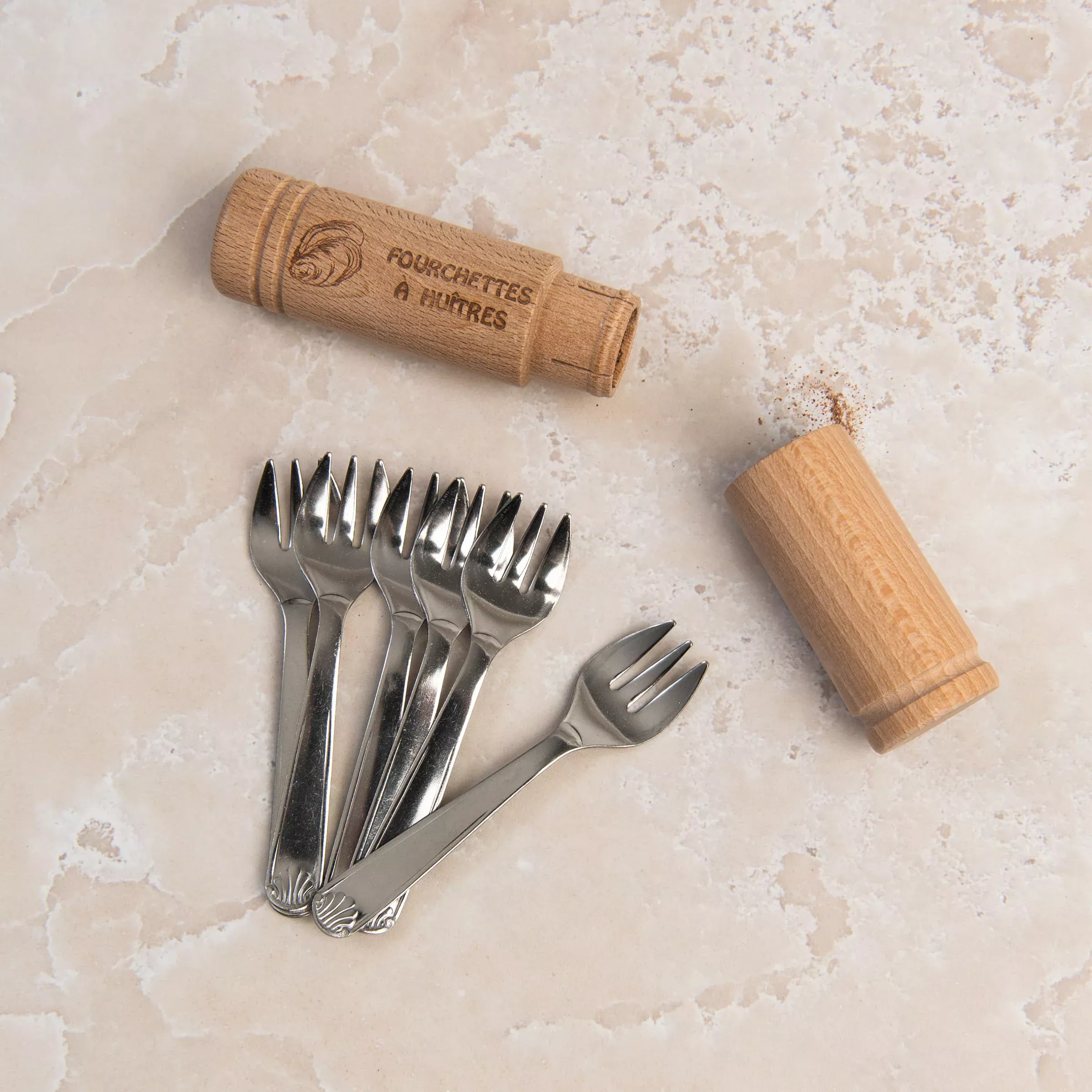 Set of Six French Oyster Forks in Beechwood Case