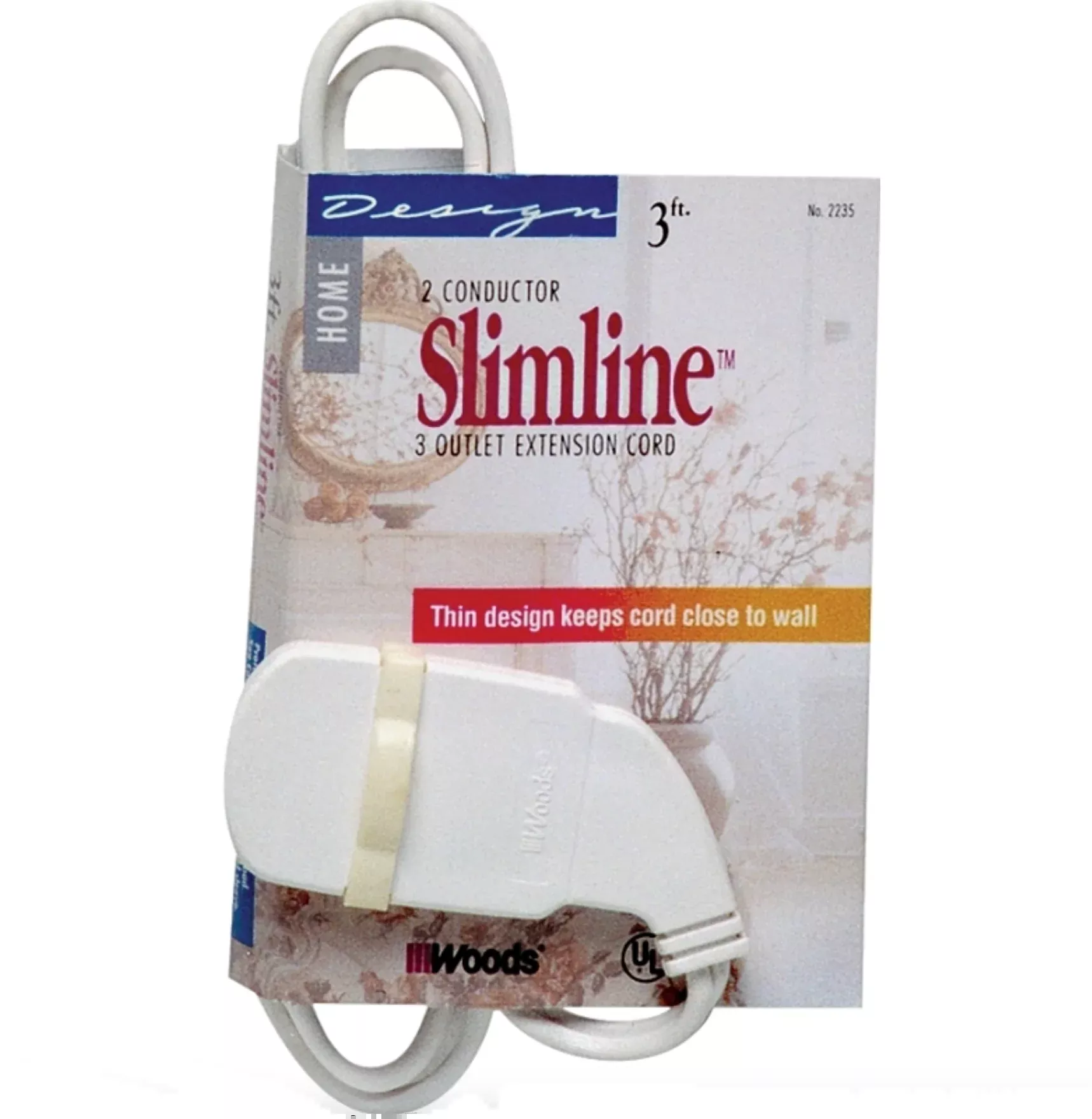 Slimline Flat Plug Extension Cord – 3 Outlet – 3ft. – White