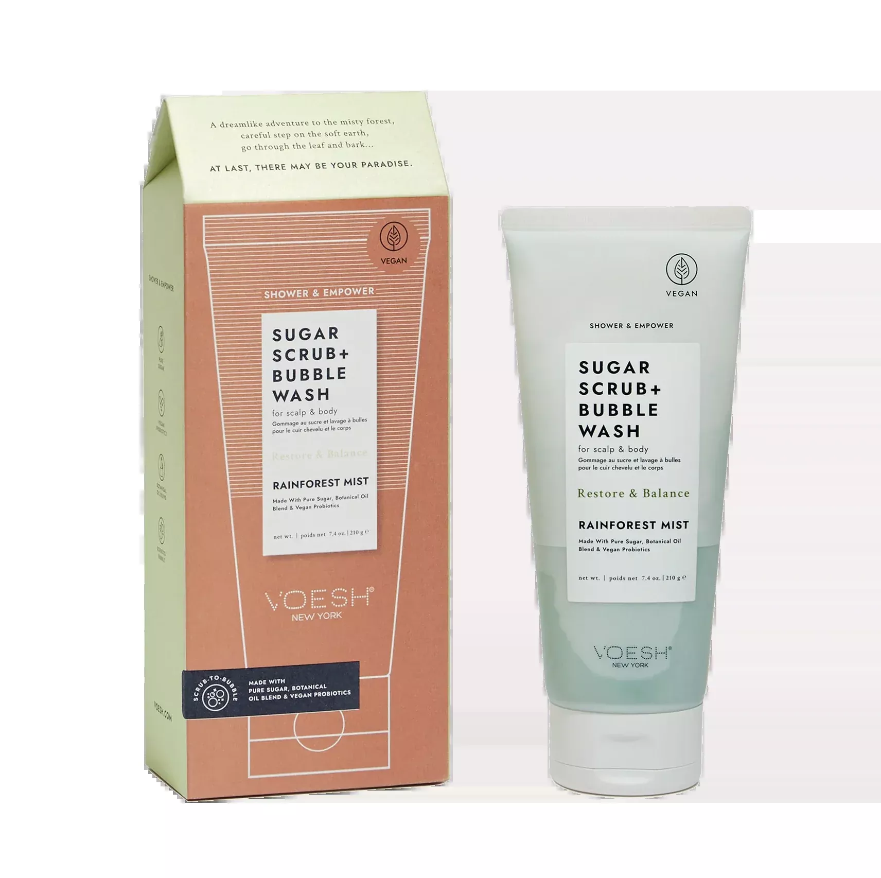 Voesh Sugar Scrub & Bubble Wash – 7.4 oz – Rainforest Mist