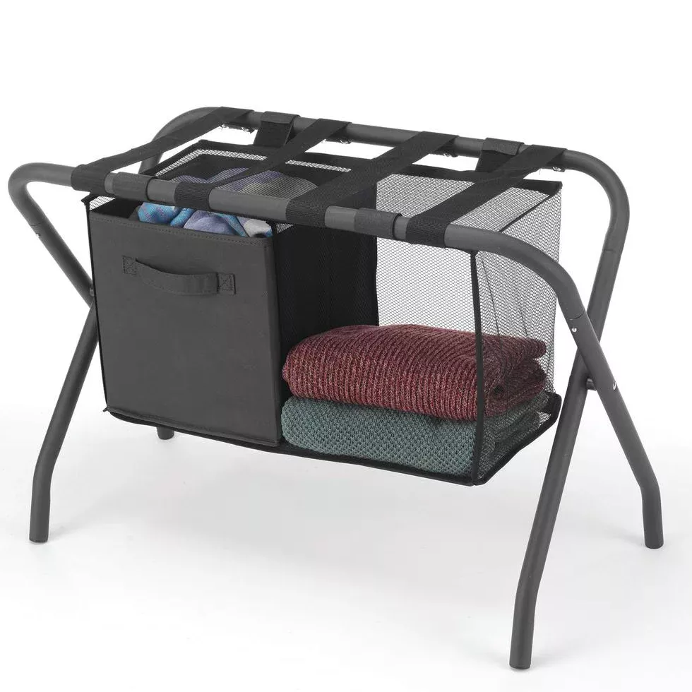 Whitmor Gray Luggage Stand with Hanging Shelf and Fabric Bin